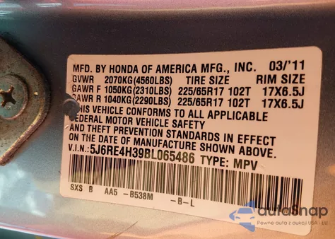 2011 Honda Cr-V Lx from USA, damaged, VIN 5J6RE4H39BL065486